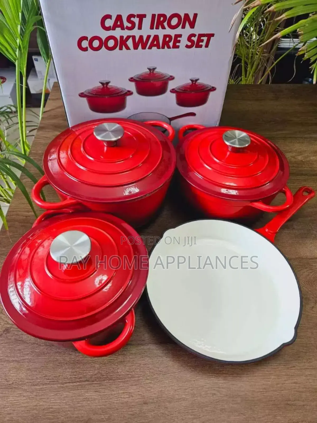 Red Enamel Cast Iron Cooking Pots 7 Pieces
