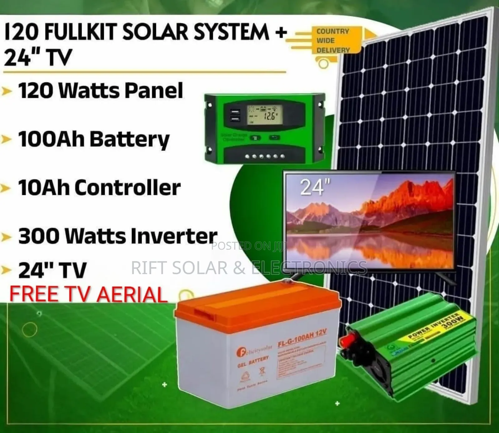 24" Digital Tv Home Kit - 120w Solar Panel - 100ah Battery - 300w Inv