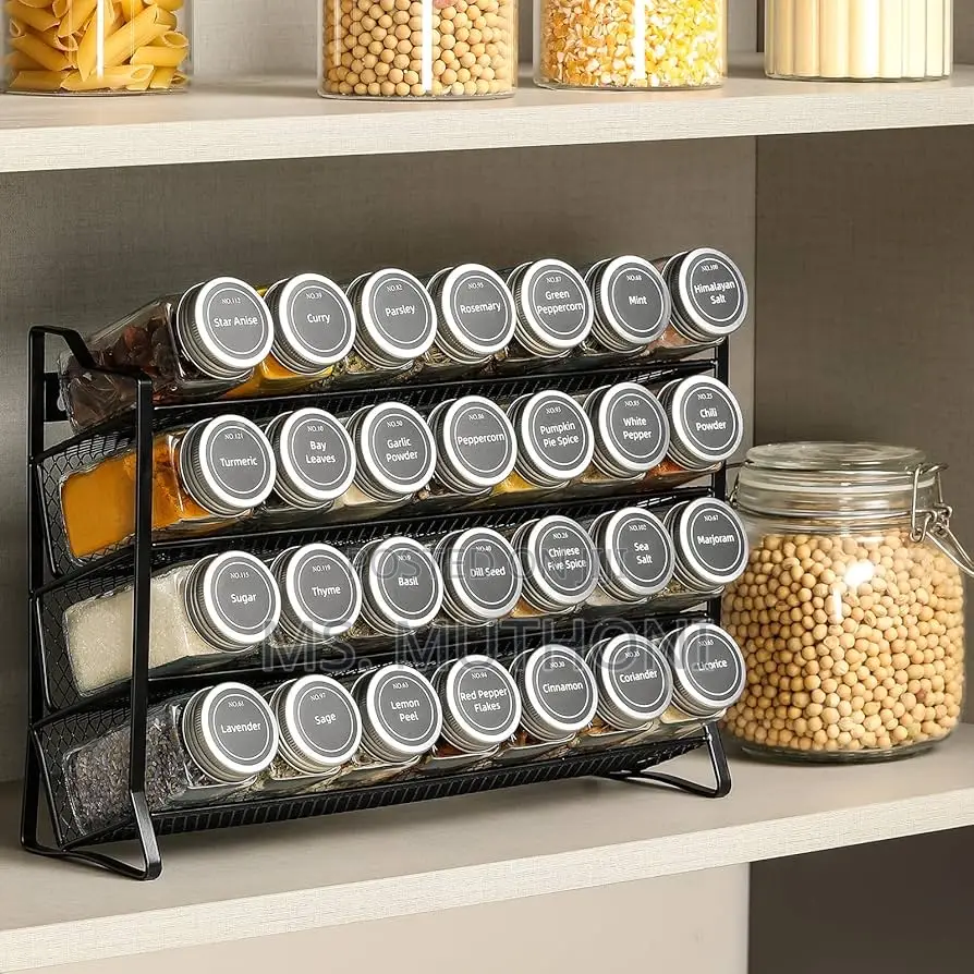 Spice Rack Organizer , 28 Spice Jars With Silver Lids, Funnel, Labels