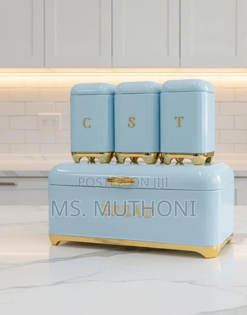 Metal Bread Bin and Canister Set With Gold Accents in 4 Colors