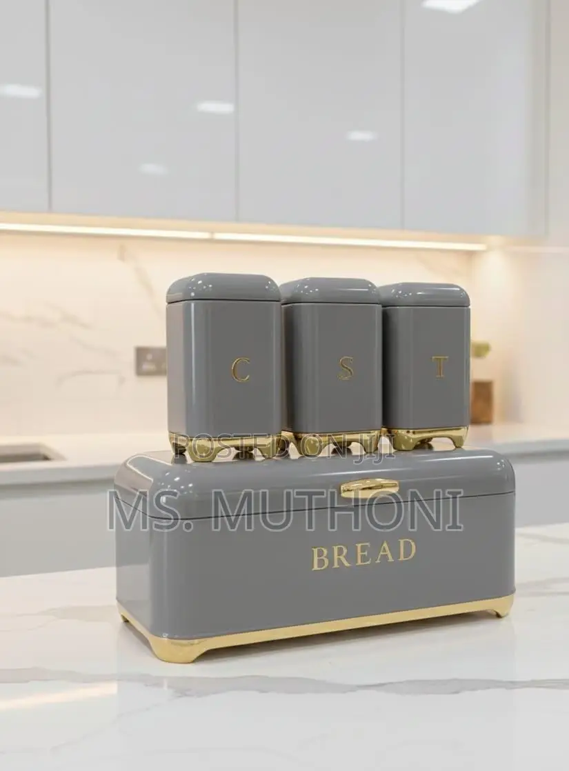 Metal Bread Bin and Canister Set With Gold Accents in 4 Colors