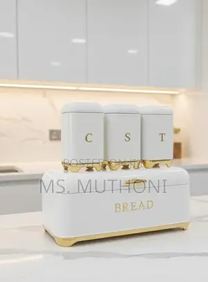 Metal Bread Bin and Canister Set With Gold Accents in 4 Colors