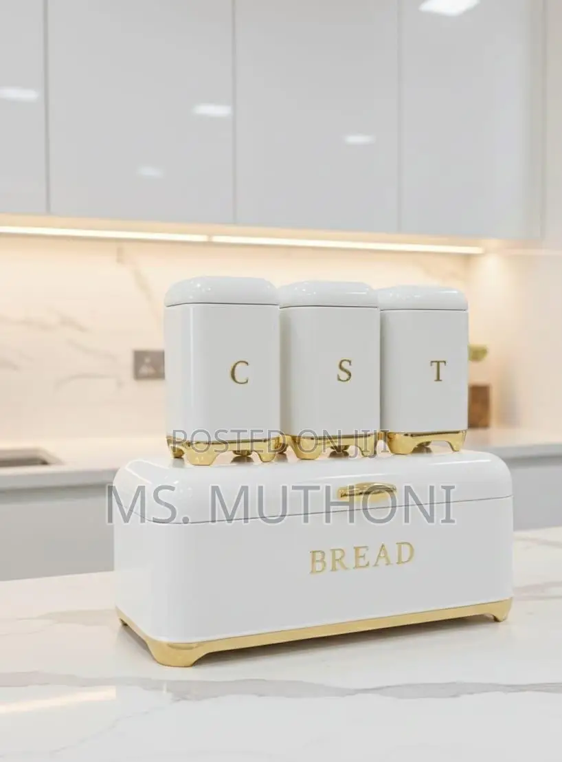Metal Bread Bin and Canister Set With Gold Accents in 4 Colors