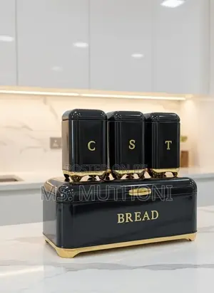 Metal Bread Bin and Canister Set With Gold Accents in 4 Colors