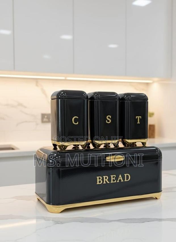 Metal Bread Bin and Canister Set With Gold Accents in 4 Colors