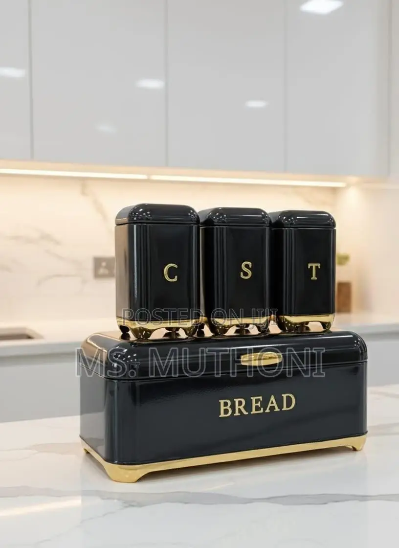 Metal Bread Bin and Canister Set With Gold Accents in 4 Colors