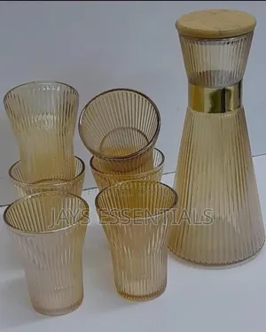 7pc Gold Ribbed Water Glasses Jug Set