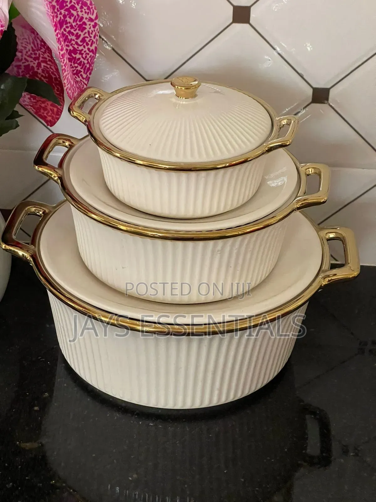 3pc Ceramic Ridged Serving Dishes Set : White Gold