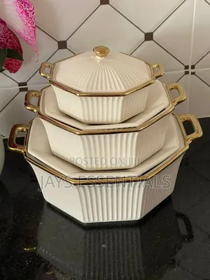 3pc Ceramic Ridged Serving Dishes Set : White Gold