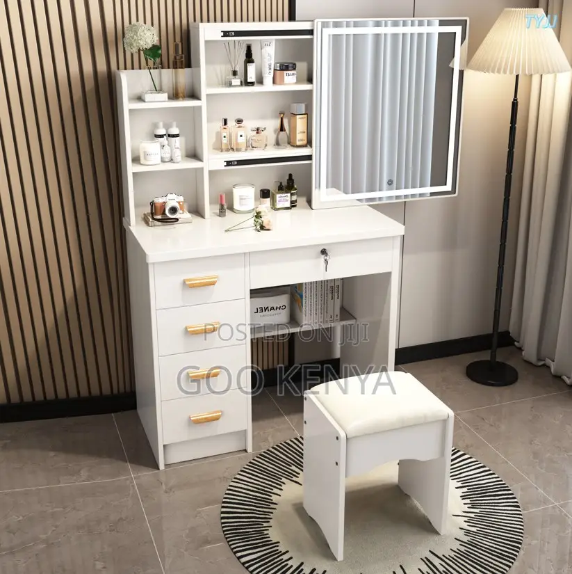 Home Dressing Table; Home Makeup Table With Sliding Mirror And Stool