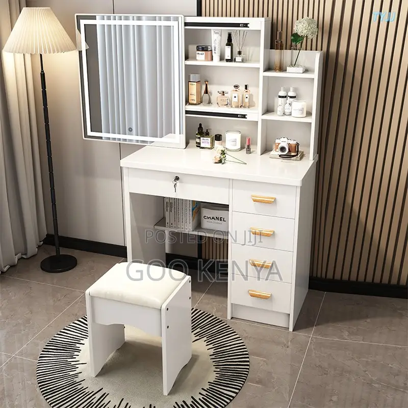 Home Dressing Table; Home Makeup Table With Sliding Mirror And Stool