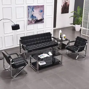 Office Sofa; Leather Reception Sofa For 5 People With Metallic Frame