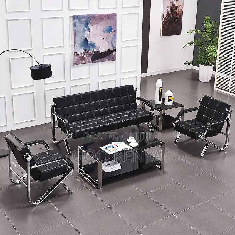 Office Sofa; Leather Reception Sofa For 5 People With Metallic Frame