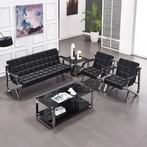Office Sofa; Leather Reception Sofa For 5 People With Metallic Frame