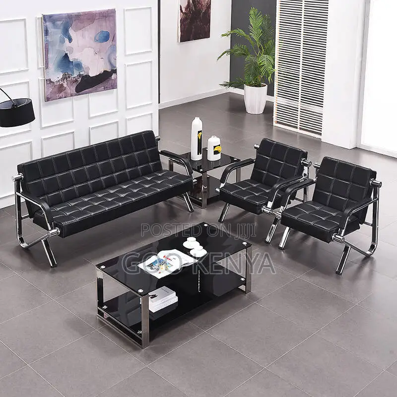 Office Sofa; Leather Reception Sofa For 5 People With Metallic Frame