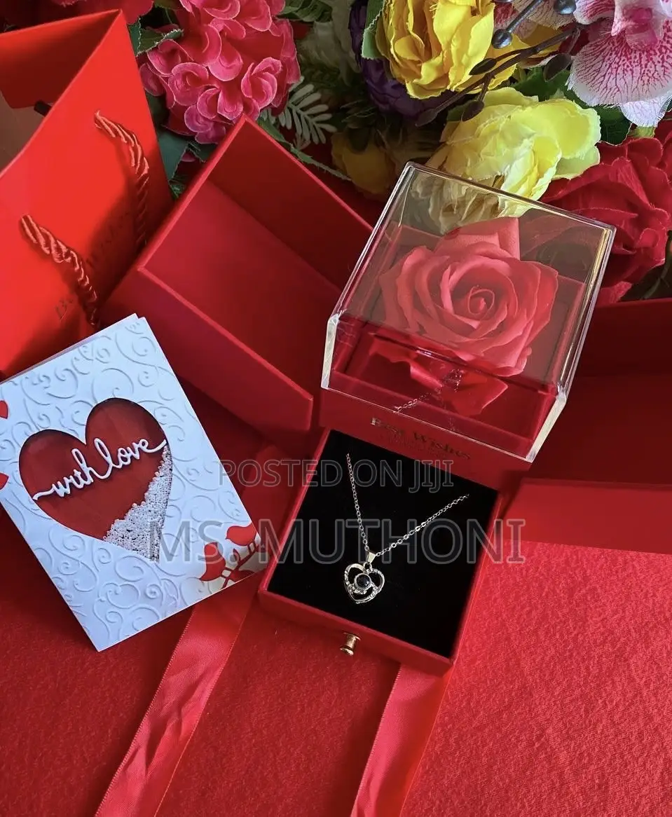 Preserved Red Rose Gift Box With a Heart Pendant Necklace.
