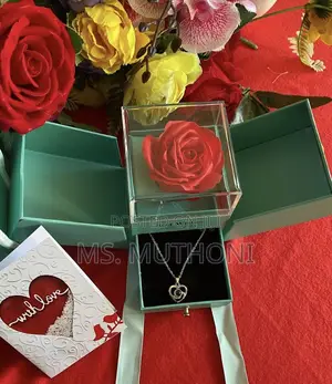 Preserved Red Rose Gift Box With a Heart Pendant Necklace.