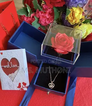 Preserved Red Rose Gift Box With a Heart Pendant Necklace.