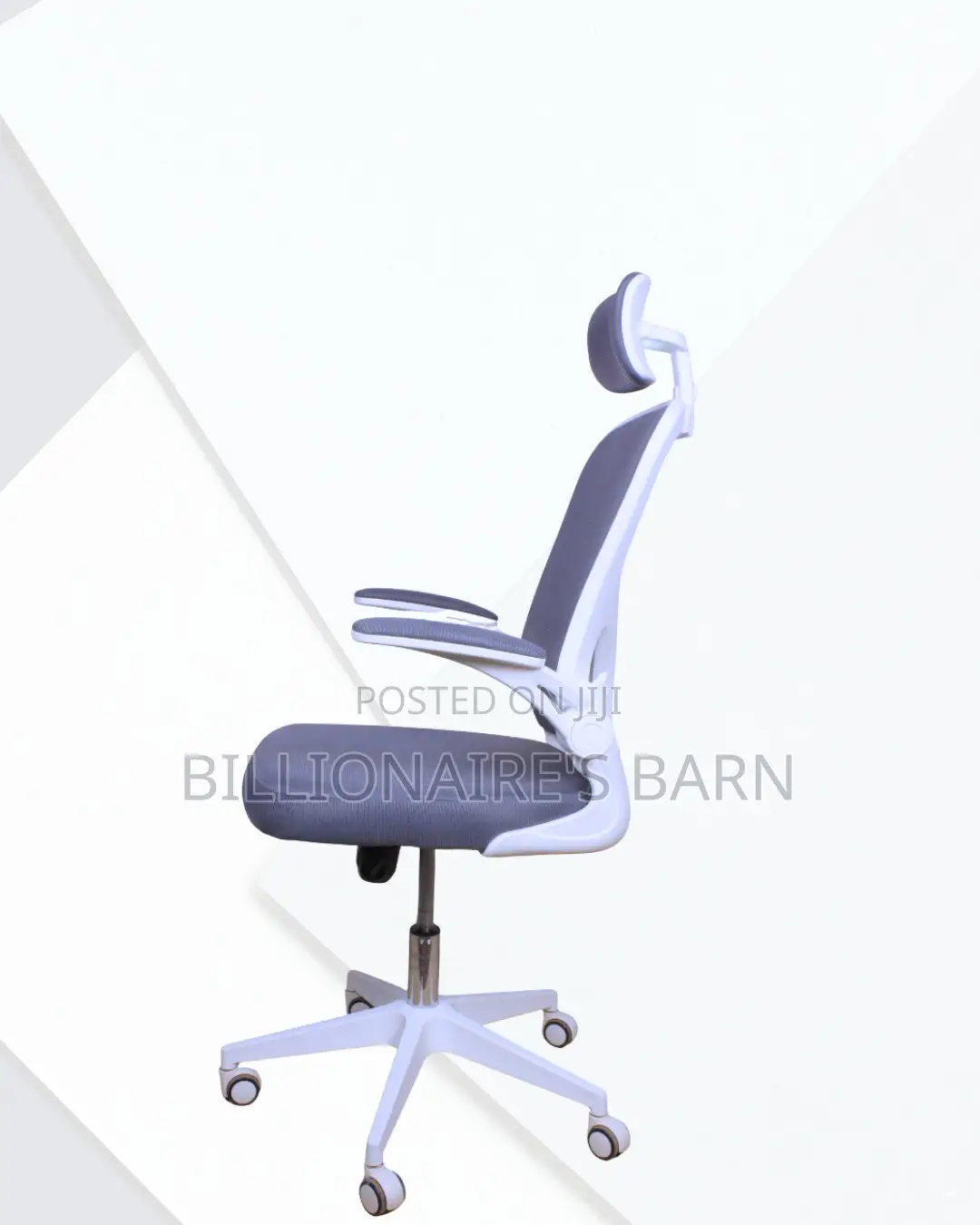 White Office Chair With Flip-Up Arms — Stable Base, Neck Support.
