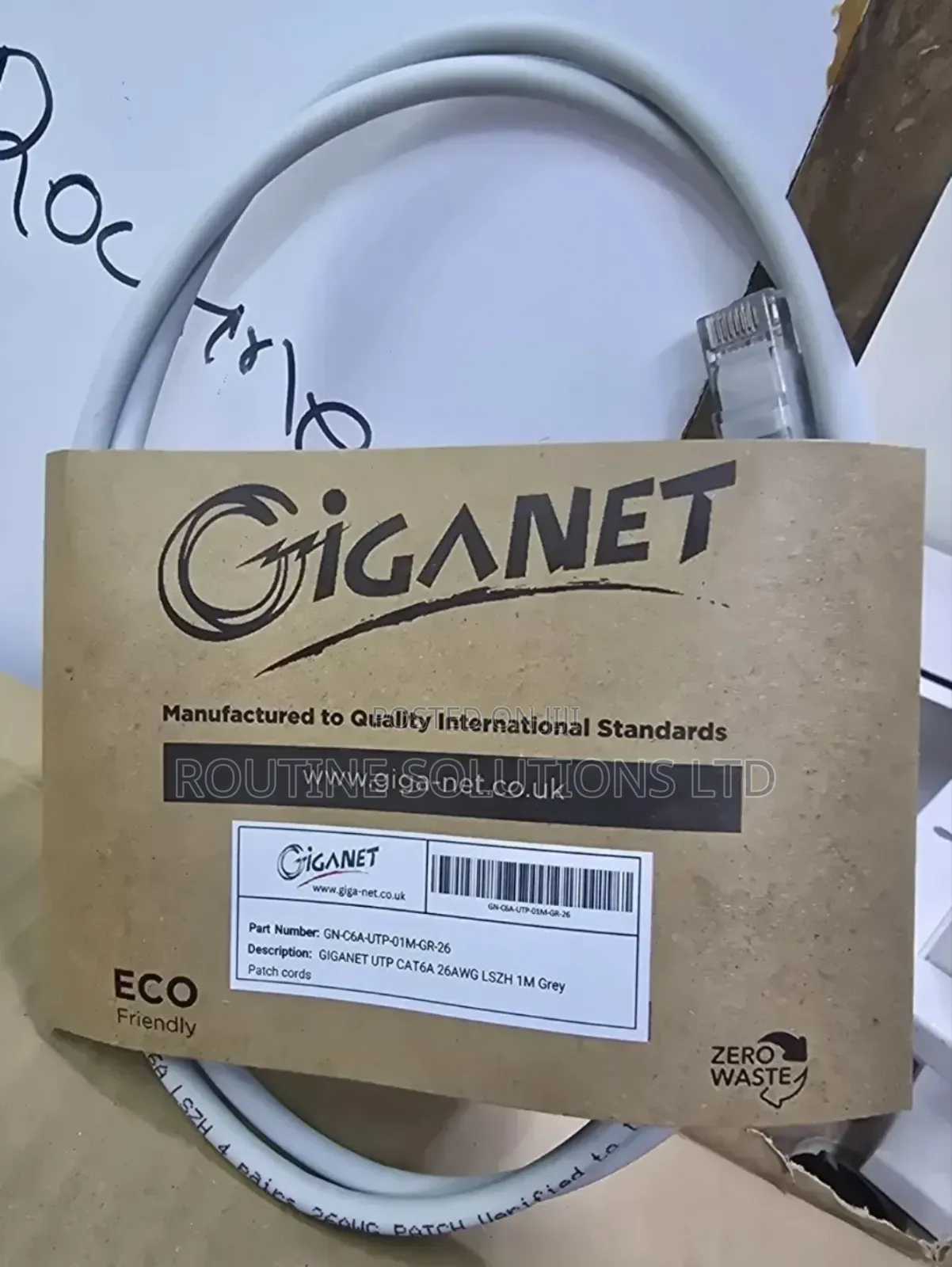 Giganet Cat6a 1mtr Patch Cord Grey