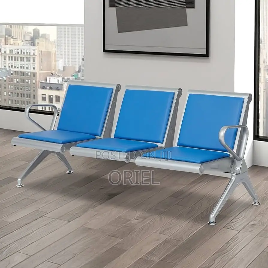Modern Office Waiting Chair : Blue Leather Padded 3seater Office Bench