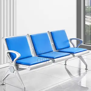 Modern Office Waiting Chair : Blue Leather Padded 3seater Office Bench