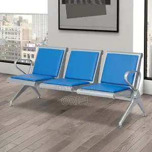Modern Office Waiting Chair : Blue Leather Padded 3seater Office Bench