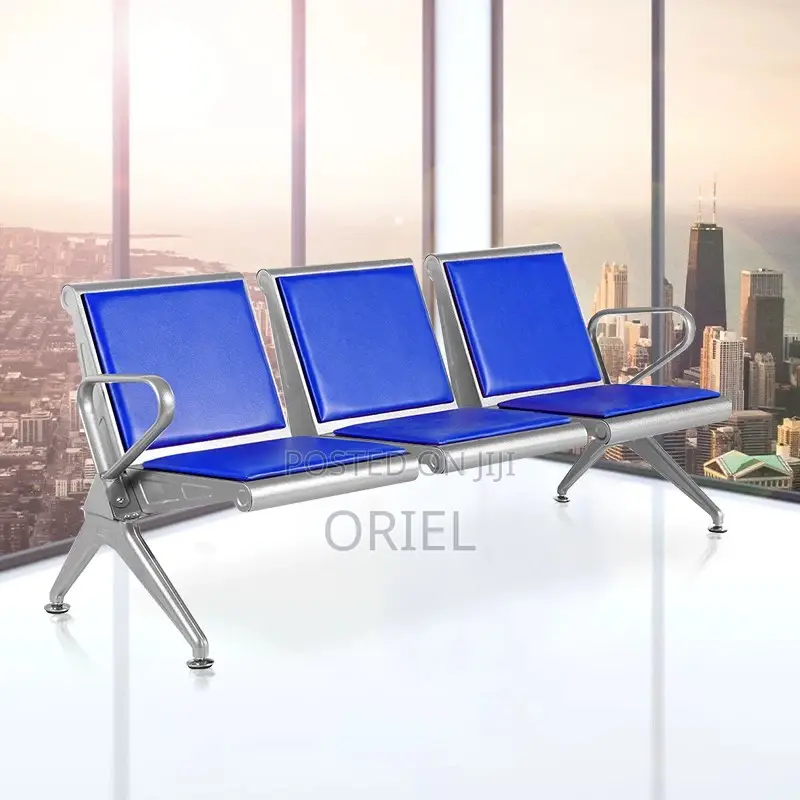 Modern Office Waiting Chair : Blue Leather Padded 3seater Office Bench