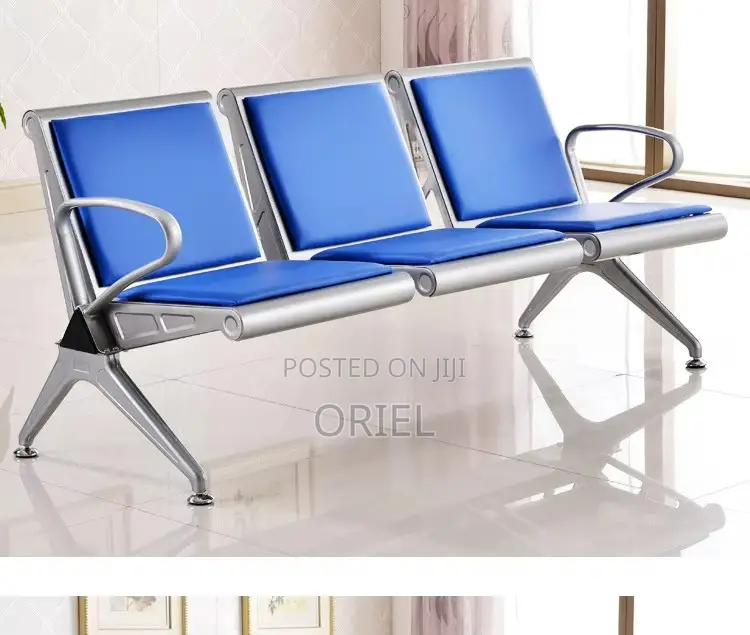 Modern Office Waiting Chair : Blue Leather Padded 3seater Office Bench