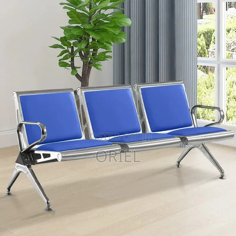Modern Office Waiting Chair : Blue Leather Padded 3seater Office Bench