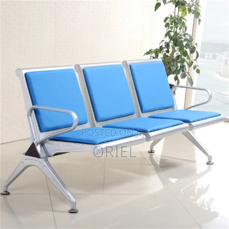 Modern Office Waiting Chair : Blue Leather Padded 3seater Office Bench