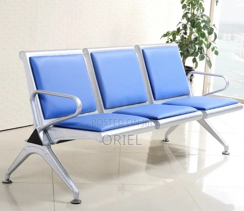 Modern Office Waiting Chair : Blue Leather Padded 3seater Office Bench