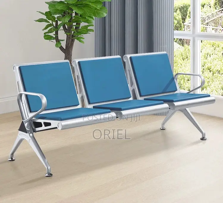 Modern Office Waiting Chair : Blue Leather Padded 3seater Office Bench
