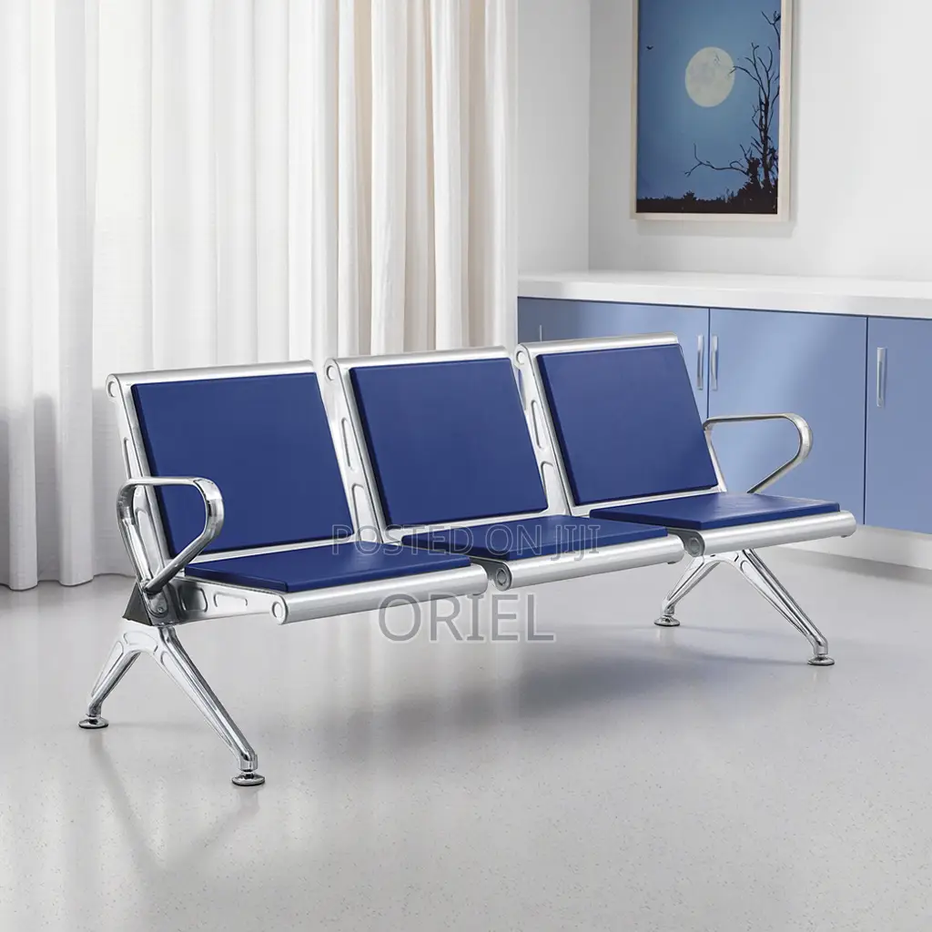 Modern Office Waiting Chair : Blue Leather Padded 3seater Office Bench