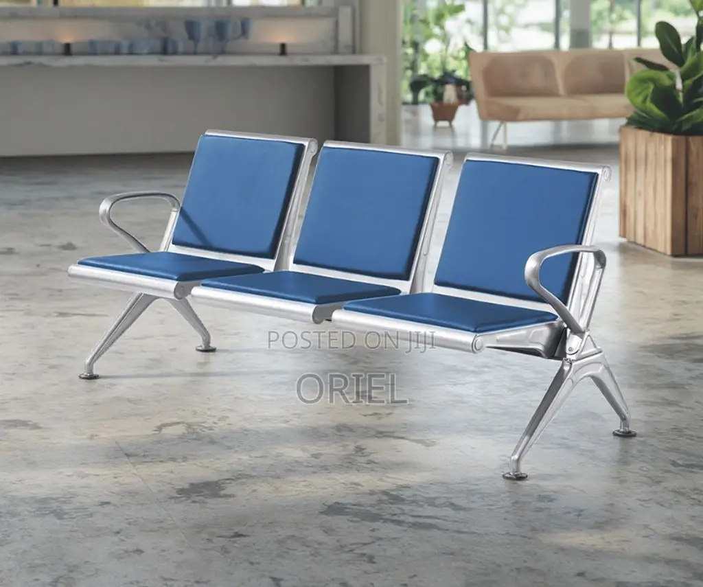 Modern Office Waiting Chair : Blue Leather Padded 3seater Office Bench