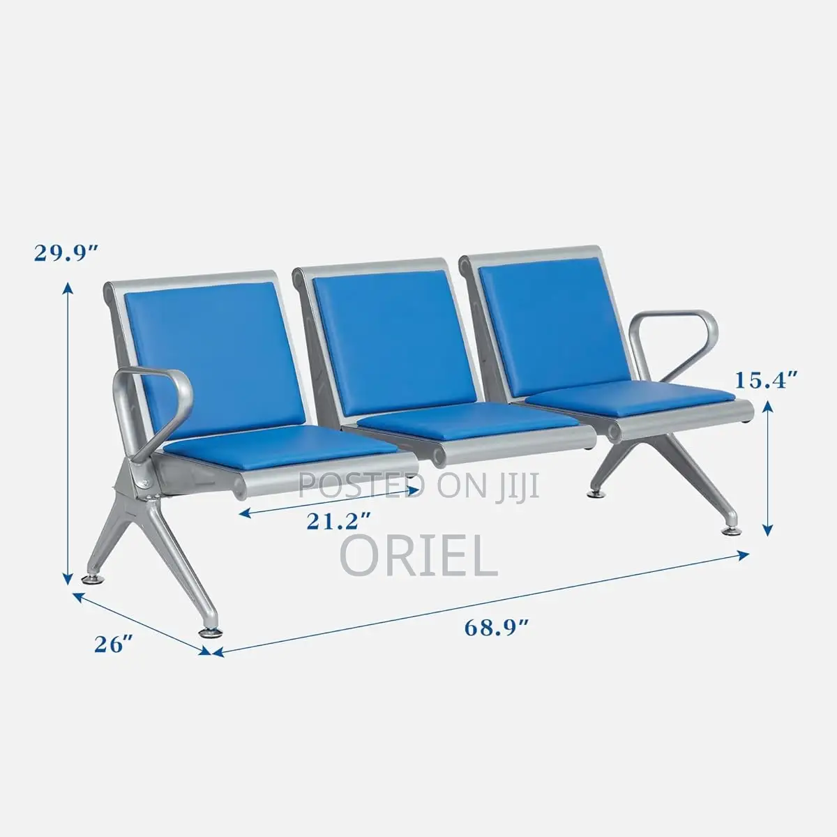 Modern Office Waiting Chair : Blue Leather Padded 3seater Office Bench