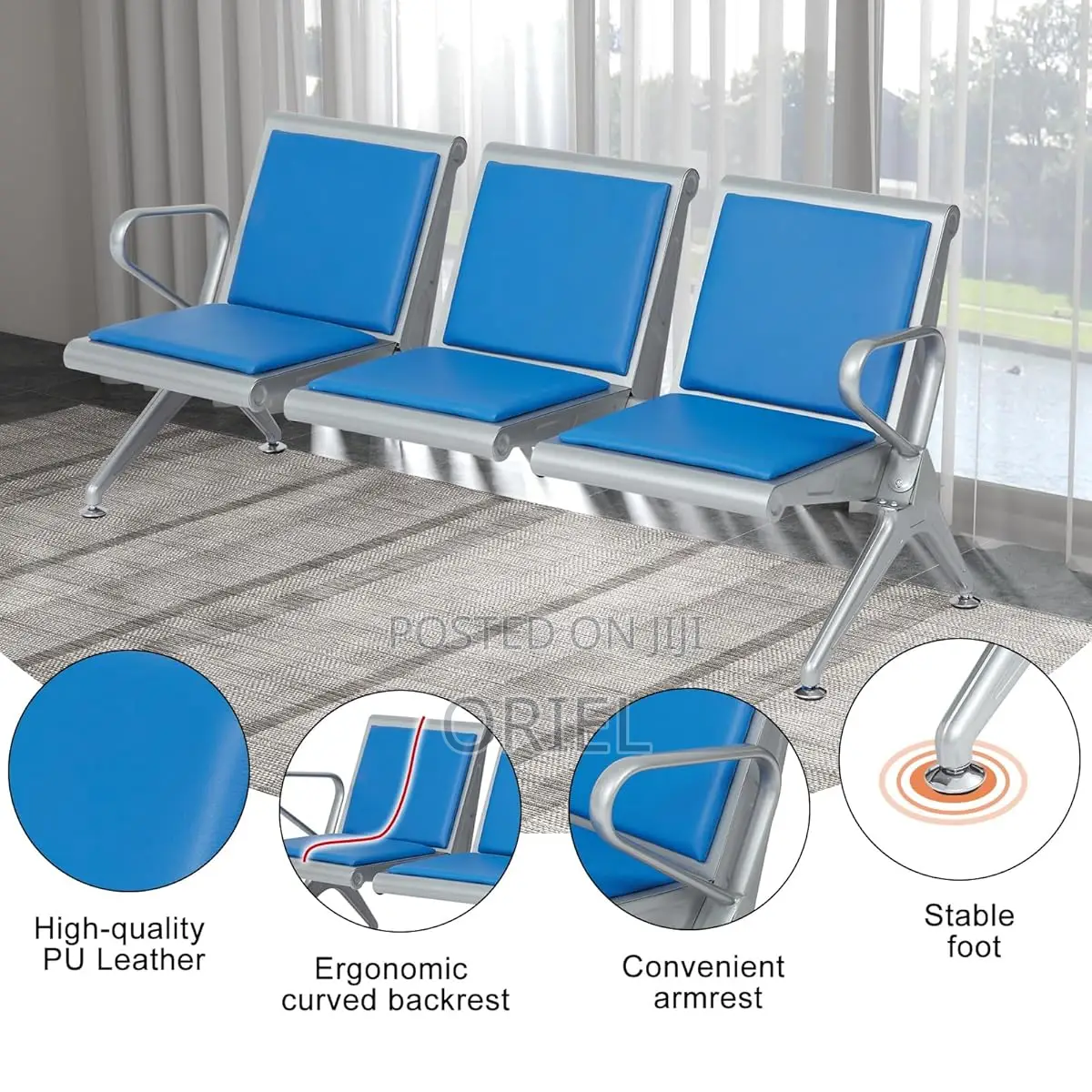 Modern Office Waiting Chair : Blue Leather Padded 3seater Office Bench