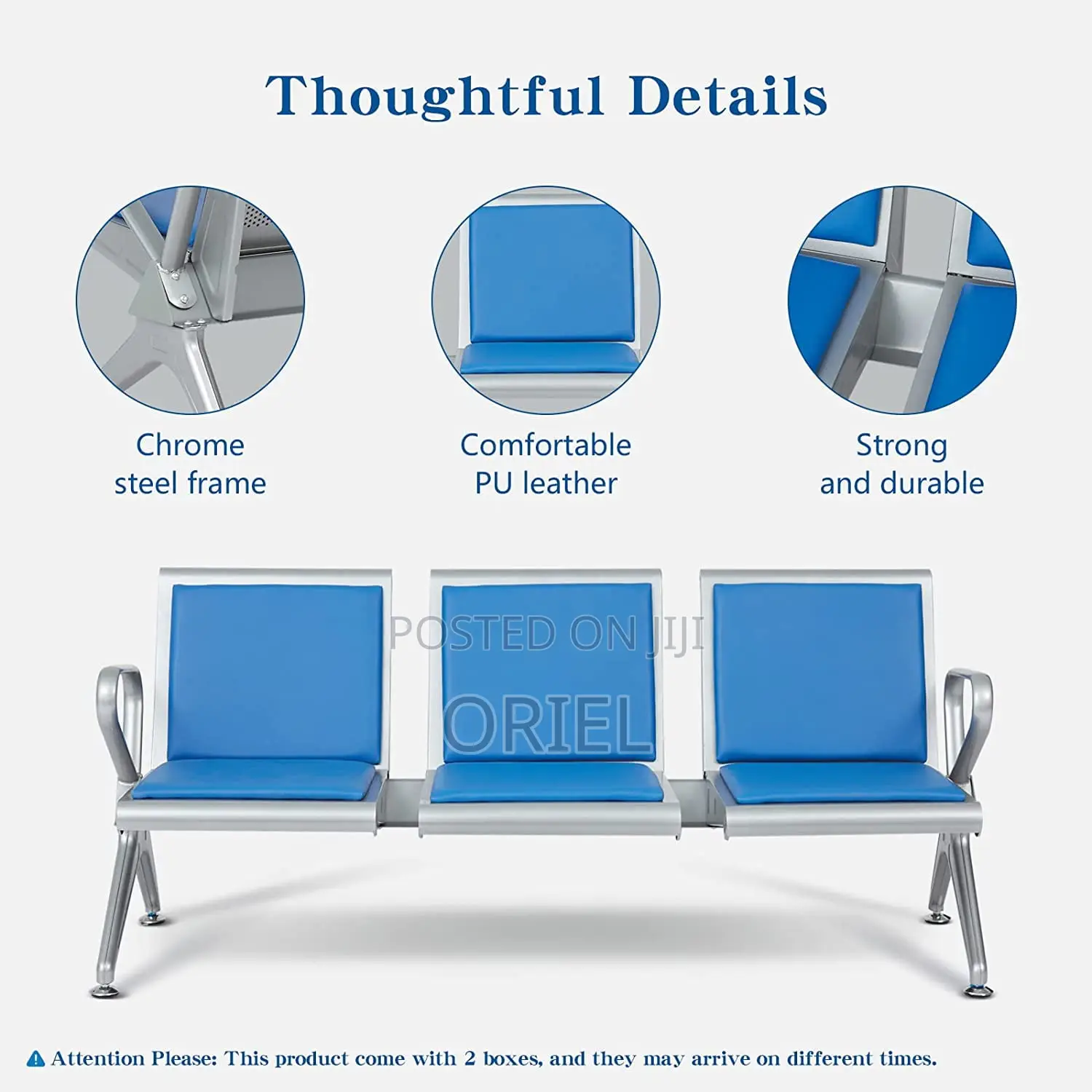 Modern Office Waiting Chair : Blue Leather Padded 3seater Office Bench