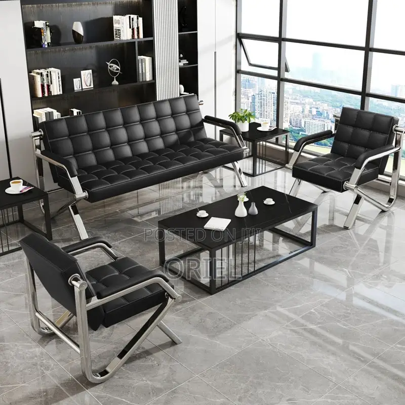 Office Waiting Sofa : Black Faux Executive 5-Seater Office Sofa Set