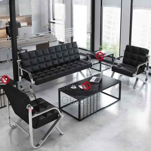 Office Waiting Sofa : Black Faux Executive 5-Seater Office Sofa Set