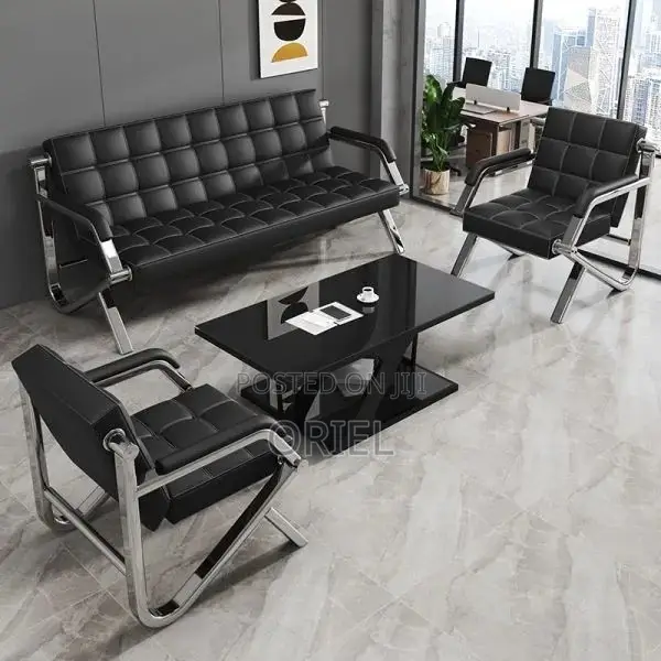 Office Waiting Sofa : Black Faux Executive 5-Seater Office Sofa Set