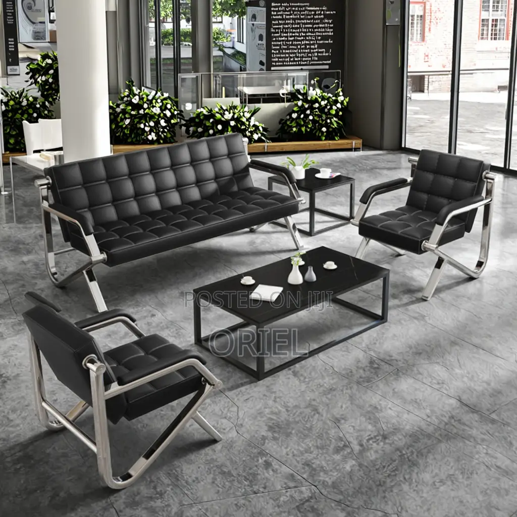 Office Waiting Sofa : Black Faux Executive 5-Seater Office Sofa Set