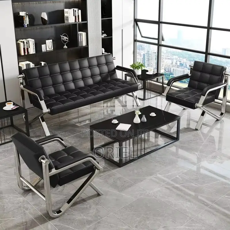 Office Waiting Sofa : Black Faux Executive 5-Seater Office Sofa Set