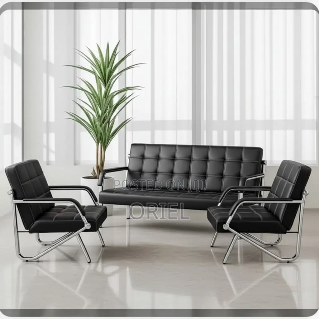 Office Waiting Sofa : Black Faux Executive 5-Seater Office Sofa Set