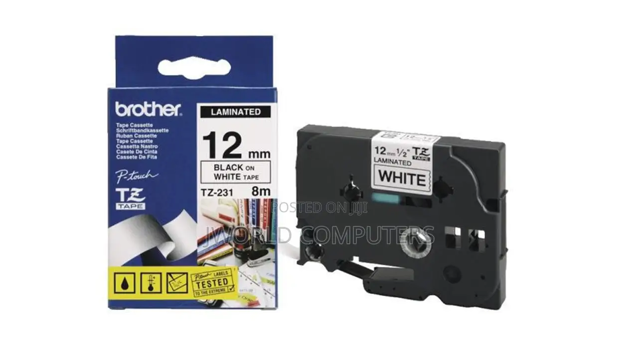 Brother 12mm X 8m Black on White Label Tape