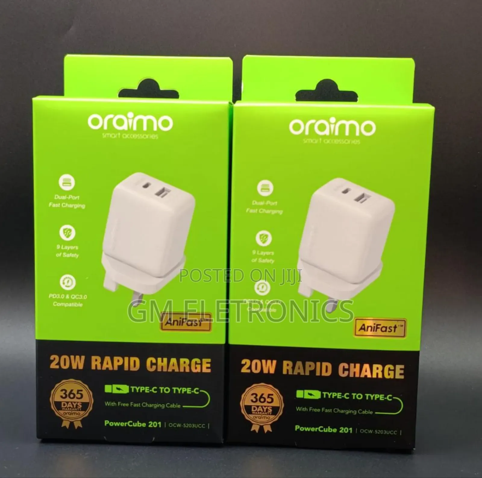 Oraimo (Ocw-5203ucc) 20w Rapid Charger Dual Port Fast Charging.