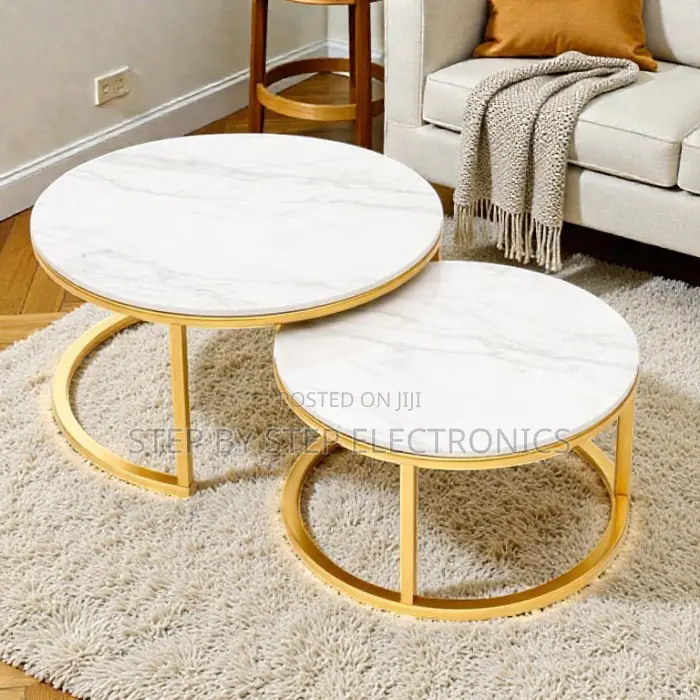Elegant White Marble Nesting Coffee Tables Set With Gold Finish Style