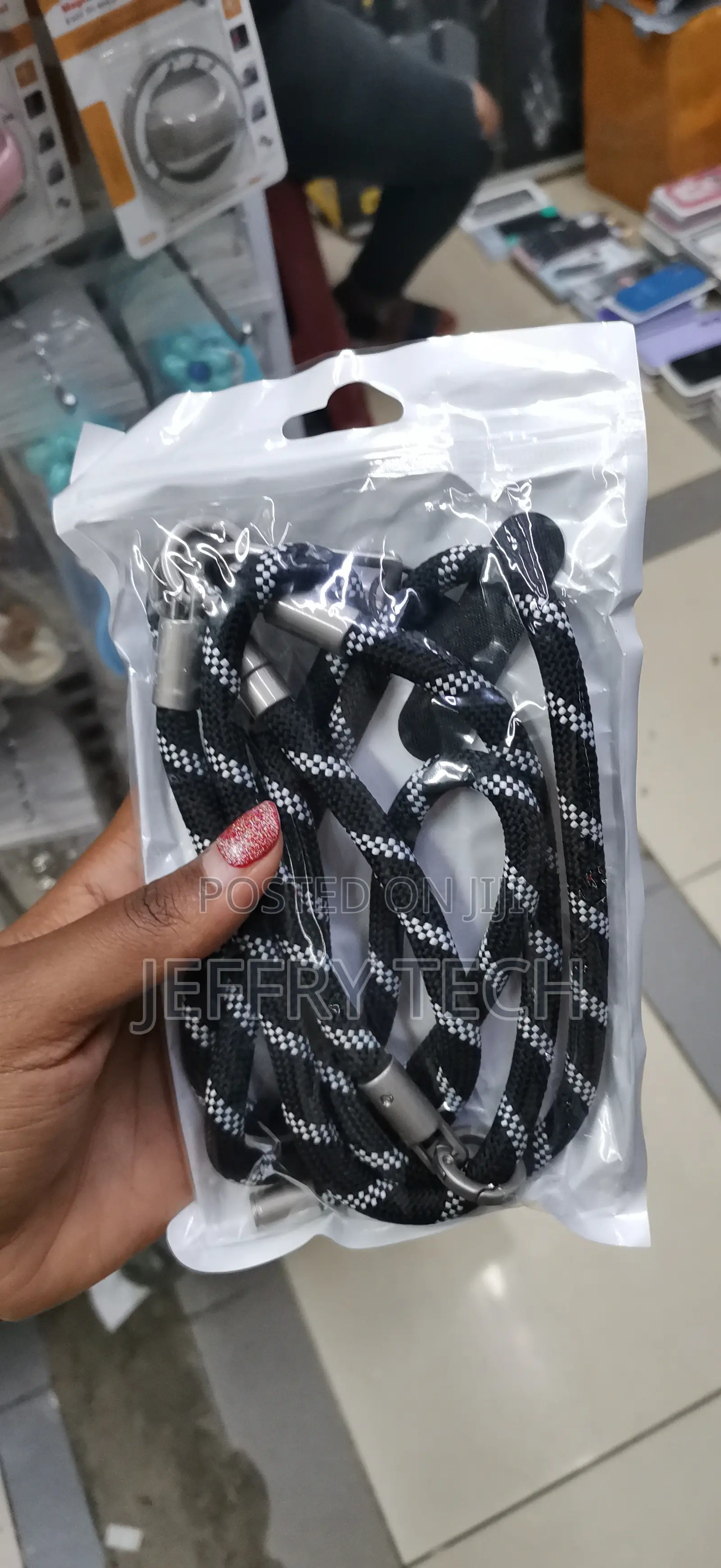 Black and White Nylon Braided Leather Hand Strap Lanyard Phone Charm