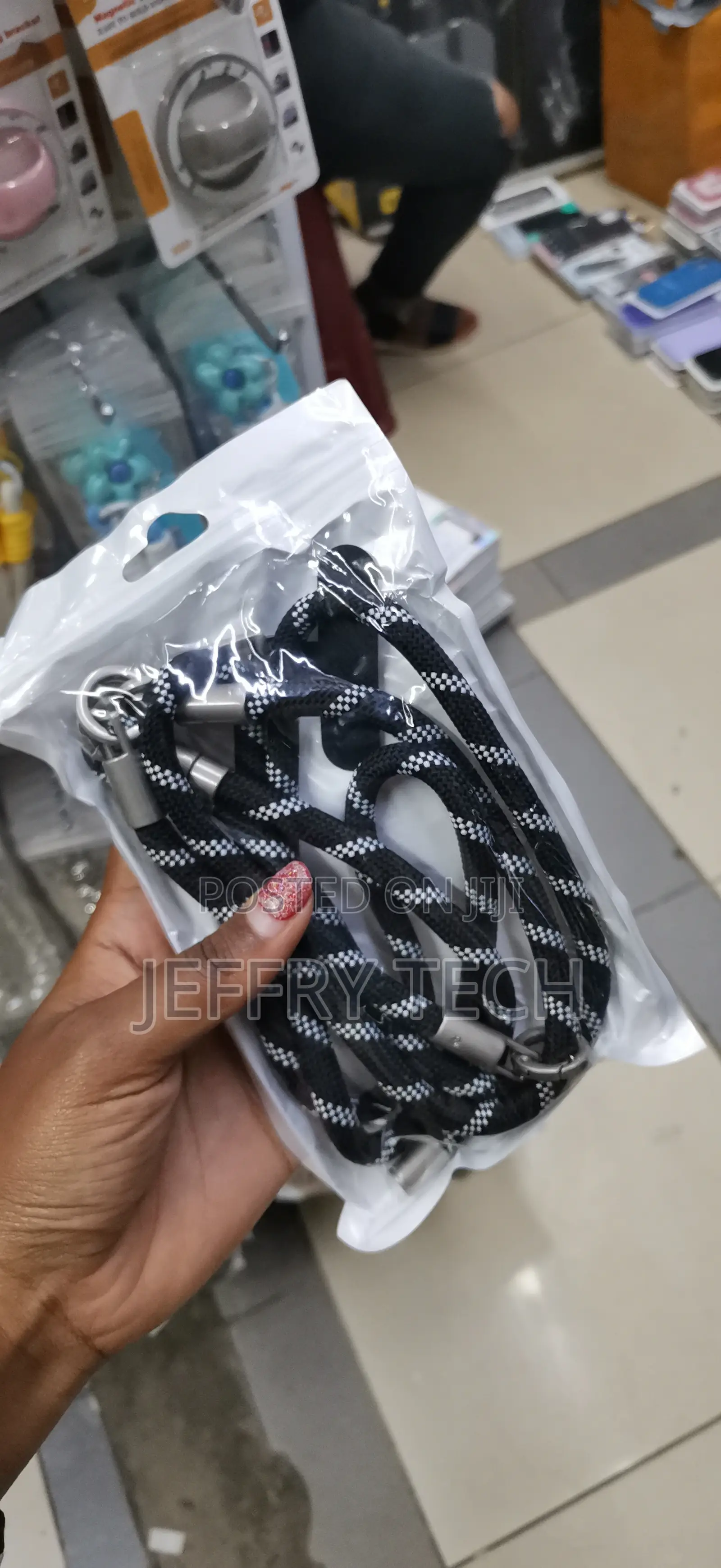 Black and White Nylon Braided Leather Hand Strap Lanyard Phone Charm