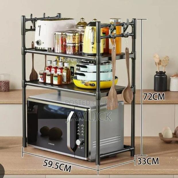 Metallic 2-Layer Microwave Stand Organizer W/ Side Hooks - Pm
